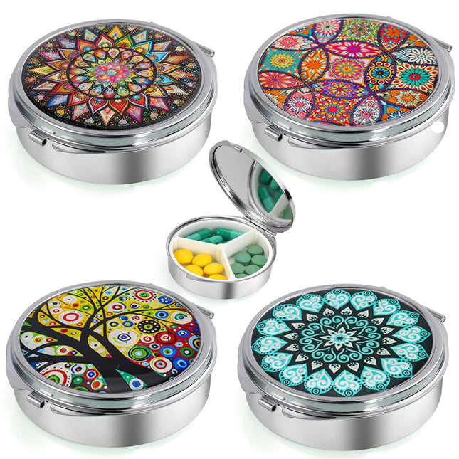 4 Pack Small Pill Box with Mirror, Travel Pill Dispenser, 3 Compartment Medicine Box, Round Metal Pill Box, for Purse, for Storage (Pattern-3 Compartment-Clip)
