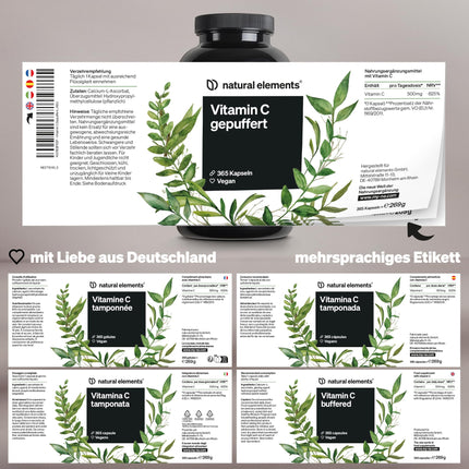 Vitamin C 500mg – 365 Capsules – Premium: From plant fermentation &amp; buffered (pH-neutral, acid-free, gentle on the stomach) – Laboratory-tested, vegan and produced in Germany