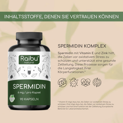 Raibu Spermidine Capsules High Dose - 6 mg Spermidine per Capsule (90 x 6 mg) - From Wheat Germ Extract, 3 Month Supply - Vegan, Natural &amp; No Additives