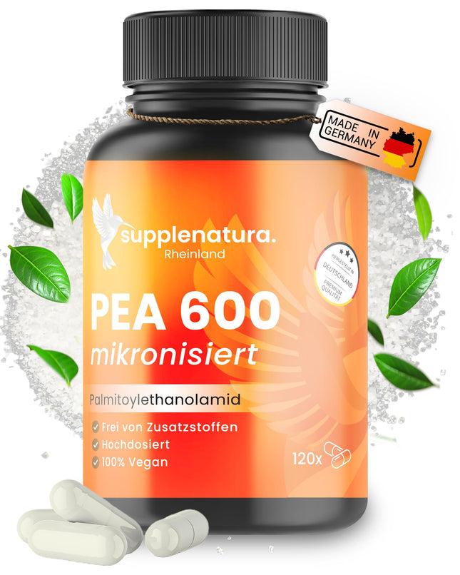 PEA Capsules | MICRONIZED: 600mg Palmitoylethanolamide per capsule | 120 Capsules | 100% Pure Pea, Laboratory Tested | Produced in Germany - SUPPLENATURA®