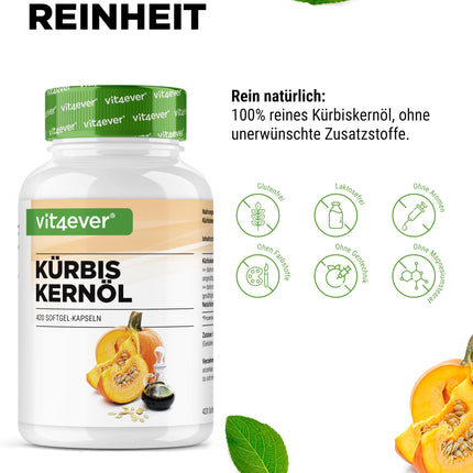 Pumpkin Seed Oil - 420 Capsules - 3000 mg per daily serving - With natural vitamin E - High dosage - Natural &amp; cold-pressed - Laboratory tested