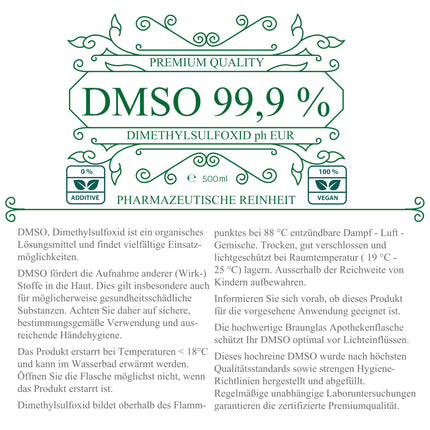 DMSO 500ml 99.9% pharmaceutical quality &amp; purity - DMSO Dimethyl Sulfoxide ph. EUR undiluted in a light-protected amber glass pharmacy bottle - DMSO 99.9% 500ml