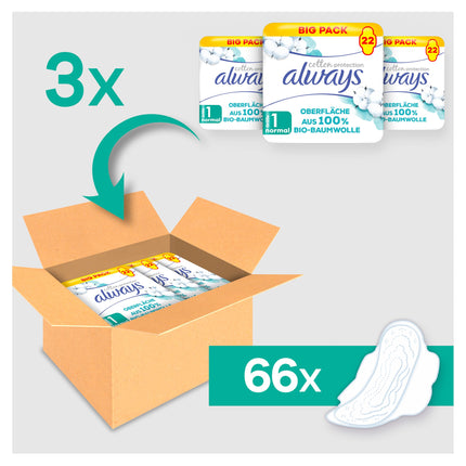 Always Ultra Women's Pads Size 1, Cotton Protection Normal, 66 sanitary pads with wings (3 x 22 pads), monthly pack, ultra-thin and super absorbent