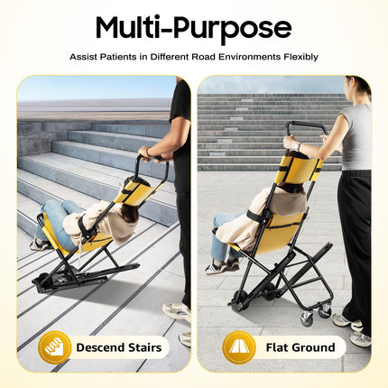 Manual Stairlift Chair, Portable Folding Stair Chair, Adjustable Folding Evacuation Chair with 4 Wheels, Load Capacity 350.53 lbs, Aluminum Stairlift Chair for Elderly, Yellow