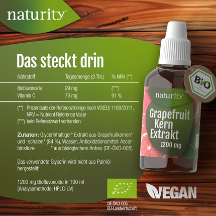 Organic grapefruit seed extract, 1200 mg bioflavonoids/100 ml, certified organic quality, vegan and made in Germany, easy and clean to use