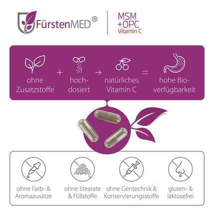 FürstenMED® MSM + OPC Capsules High-dose with 1710mg MSM powder + 180mg OPC &amp; Vitamin C (from Acerola) per daily dose - 120 Capsules, Vegan, Laboratory-tested &amp; No additives