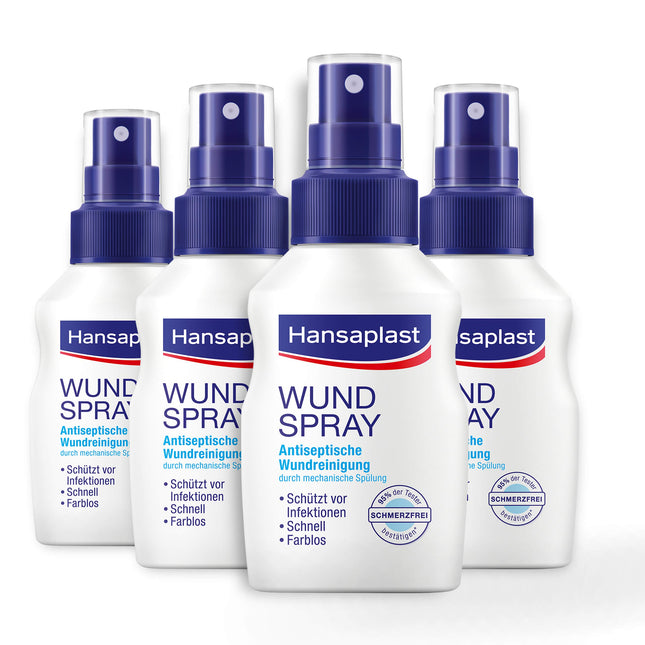 Hansaplast Wound Spray Set of 4 (50 ml), for antiseptic wound cleansing through mechanical rinsing, spray protects against wound infections, colorless and particularly skin-friendly