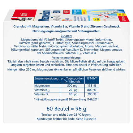 Doppelherz Magnesium 500 + B12 + D3 DIRECT with DEPOT function - Magnesium contributes to the normal function of muscles and the nervous system - 60 servings of micro-pellets with lemon flavor