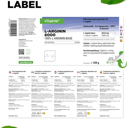 L-Arginine - 365 Capsules - 6000 mg pure L-Arginine per daily dose - Produced by plant fermentation - High dosage - No additives - Vegan