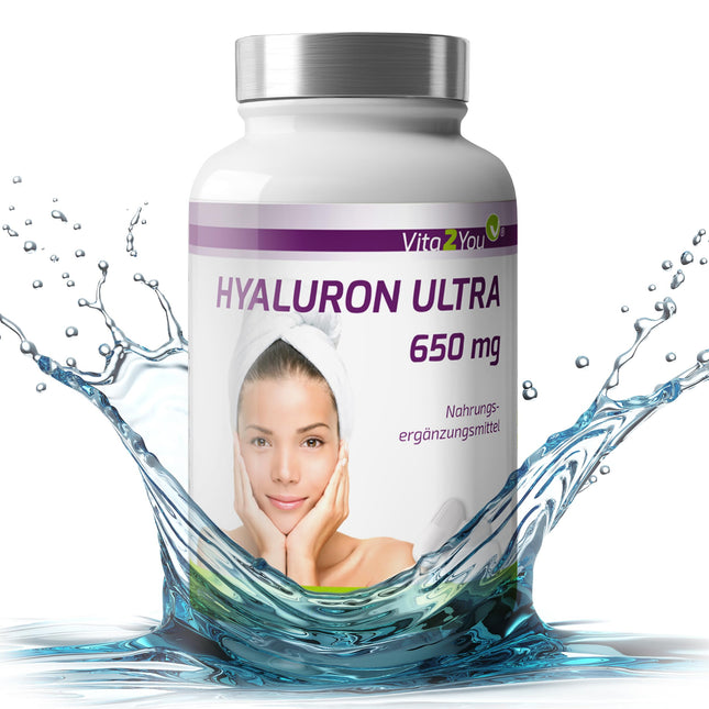 Vita2You Hyaluronic Acid Ultra 650mg - 90 vegan capsules - plant-based from fermentation - 500-700 kDa - High dosage - 3-month supply - no additives - Hyaluron - Premium quality