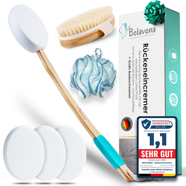 BELAVENA© Back Creaming Aid | Improved Concept 2025 - Optimal back care with back creamer / back brush including 4 replaceable pads – Back Creamer / Back Creaming Aid