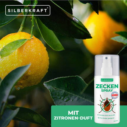 Silberkraft Tick Spray 100 ml, anti-tick agent, protection against ticks and mosquitoes, for body and clothing, repels and repels, with lemon scent