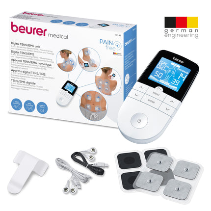 Beurer EM 49 Digital TENS/EMS, 3-in-1 electrical stimulation device for pain relief through electrical nerve stimulation, training through electrical muscle stimulation, massage function, including 4 electrodes