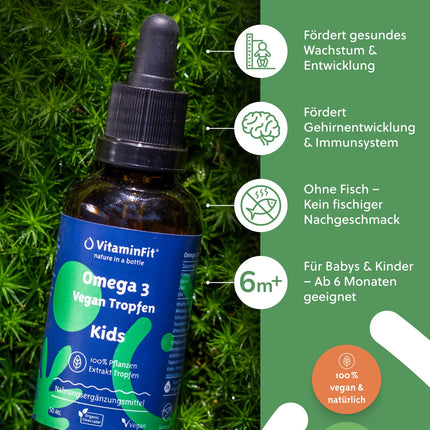 VitaminFit Kids Omega-3 Drops Food Supplement for Children - Liquid - DHA - EPA - ALA - Fish-Free - 100% Plant-Based - Vegan - 50 ml