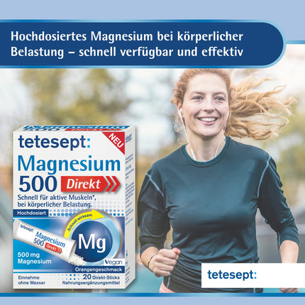 tetesept Magnesium 500 Direct – 1 x 20 Direct Sticks – Dietary supplement with magnesium powder for ingestion without water – Fast for active muscles
