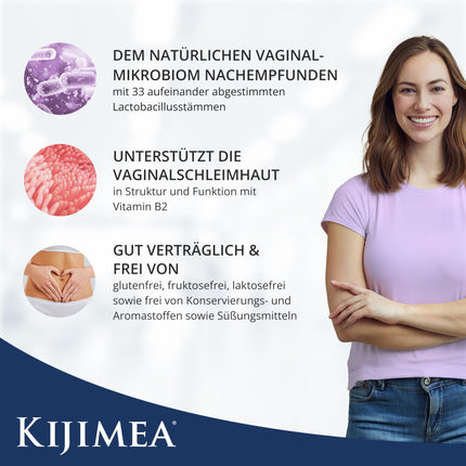 Kijimea FloraCare – modeled on the natural vaginal microbiome | 33 specially coordinated lactic acid bacteria for the vagina in high dosage + vitamins B2, B3, B7 and zinc - 28 pcs