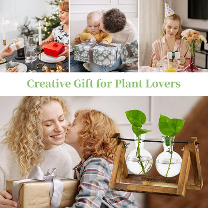 Propagation Station For Plants Upgrade Bulb Vase Planter With Wooden Stand Glass Flower Pot Indoor For Table Decoration Vintage Home Office Accessories, 2 Bulbs