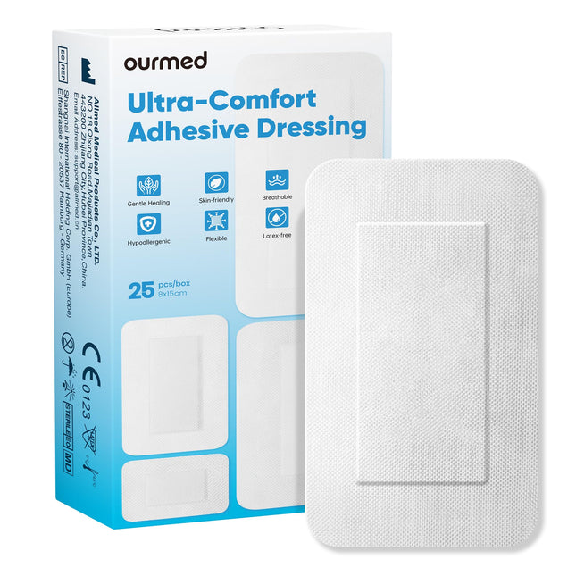 Ourmed Sterile Wound Plasters 8 x 15 cm, Self-adhesive sterile wound dressing with strong adhesion, protects against cuts and scratches, painless removal, individually wrapped, pack of 25