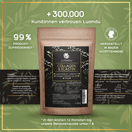 Luondu® Collagen Powder with Elastin, Hyaluronic Acid &amp; Vitamin C - Bioactive Collagen Hydrolysate Peptides Types I, II &amp; III - Optimal Solubility &amp; Bioavailability - Neutral - 500g