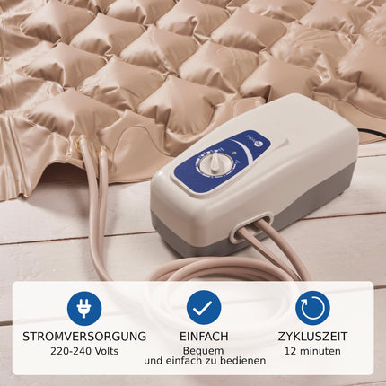 SANICO Complete Anti-Decubitus Mattress Set - Inflatable Anti-Decubitus Bed with Motorized Compressor &amp; End Flaps - Pressure Ulcer Relief Topper, Sleep Quality Max. 135 kg, Beige
