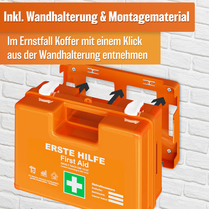 HELDENWERK first aid kit according to the new DIN 13157:2021 including wall bracket &amp; stickers | Universal first aid case for business, household or catering - office first aid kit filled, first aid kit