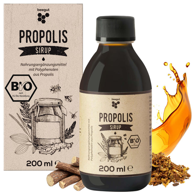 beegut ORGANIC Propolis Syrup with propolis, honey, ribwort plantain, mullein and licorice root, 200 ml syrup also for children, certified ORGANIC