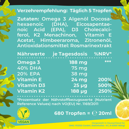 Omega-3 Algae Oil PLUS - 40% DHA and 20% EPA with Vitamin D3 + K2 + E - Lemon and Rosemary Extract - Vegan (20ml = 4-month supply)
