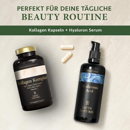 Satin Naturel Hyaluron Collagen Complex - 270 high-dose capsules - Enriched with biotin, selenium, zinc, vitamin C, and bamboo extract for skin, hair, and nails - Made in Germany