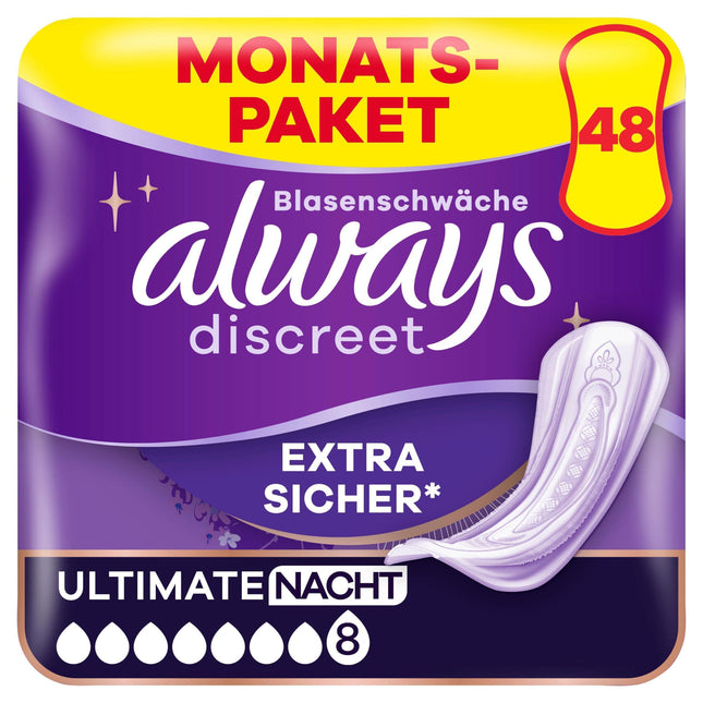 Always Discreet Incontinence Pads Ultimate Night Monthly Pack for Bladder Weakness, 48 ​​Pads (4 Packs x 12)