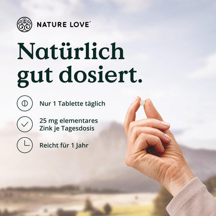 NATURE LOVE® Zinc - 365 Tablets (1 Year) - High Dose (25mg): Zinc Bisglycinate - Highly Bioavailable Zinc - Vegan, Laboratory Tested, Developed in Germany