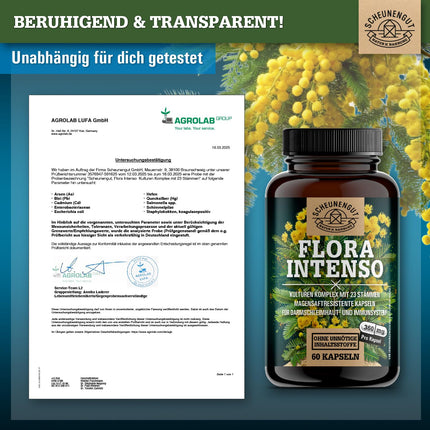 FLORA INTENSO® Probiotic Complex 100 billion CFU/g - Laboratory-tested 23 bacterial strains without inulin - Enteric-coated intestinal bacteria with Lactobacillus + Bifidobacteria - DE- SCHEUNENGUT®