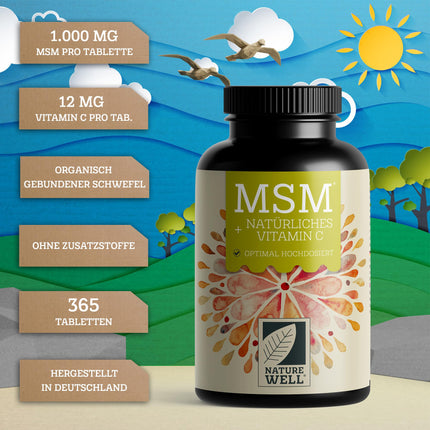 MSM 2000mg per day + natural vitamin C - 365 MSM tablets with methylsulfonylmethane - more compact MSM powder than MSM capsules - 1000 mg MSM per tablet - vegan &amp; without additives - NatureWell