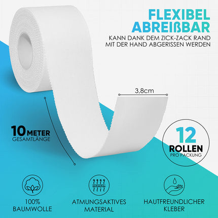 Health Press® Sports Tape - 12 Tape Rolls (3.8cm x 10m) - White Sports Tape - Tearable Professional Sports Tape - Sports Tape Bandage for all Sports