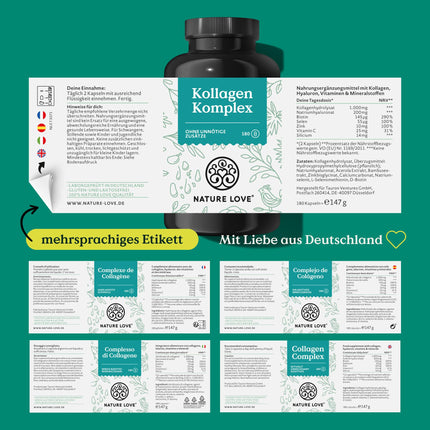 NATURE LOVE® Collagen Complex – 180 Capsules – with hyaluronic acid, biotin, selenium, zinc, vitamin C from acerola &amp; silicon from bamboo extract – high-dose collagen – laboratory-tested and produced in Germany