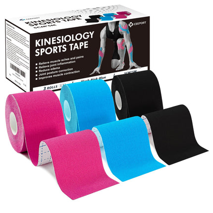 Ceeport Kinesiology Tape (5cm x 5m, 3 Rolls) Elastic Kinesiotape Muscle Tape for Joint and Muscle Support, Shoulder, Ankle, Elbow, Wrist, Knee Pain Relief (Black+Pink+Blue)