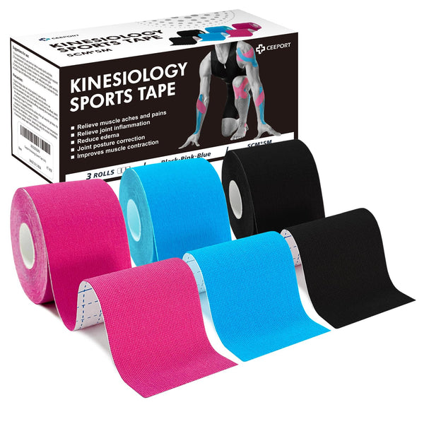 Ceeport Kinesiology Tape (5cm x 5m, 3 Rolls) Elastic Kinesiotape Muscle Tape for Joint and Muscle Support, Shoulder, Ankle, Elbow, Wrist, Knee Pain Relief (Black+Pink+Blue)