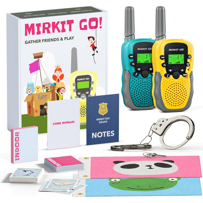 Mirkit Go 2 x Kids Walkie Talkies &amp; 4 Games: Scavenger Hunt, Capture the Flag, Police, Hide and Seek! Outdoor Games for Kids + Free Handcuffs