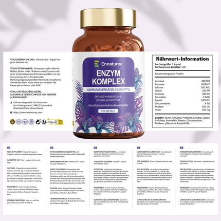 9 digestive enzymes with bromelain, papain, amylase, protease, lactase, lipase, celulase, glucoamylase, maltase – enzyme complex with inulin for digestion and immune system, 120 vegan capsules