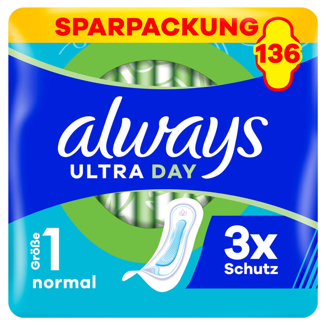 Always Ultra Pads Women Size 1, Normal, 136 sanitary pads without wings (4 x 34 pads) Multipack, ultra-thin and super absorbent