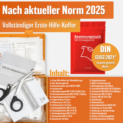 HELDENWERK first aid kit according to the new DIN 13157:2021 including wall bracket &amp; stickers | Universal first aid case for business, household or catering - office first aid kit filled, first aid kit