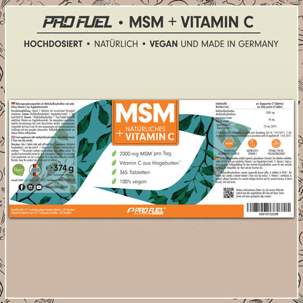MSM 2000mg per day + natural vitamin C - 365 MSM tablets with methylsulfonylmethane - more compact MSM powder than MSM capsules - high dosage with 1000 mg per MSM tablet - laboratory-tested with certificate