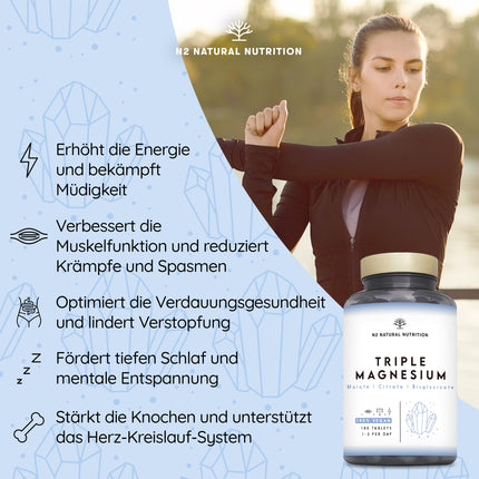 High-dose magnesium complex, 440 mg elemental magnesium per daily dose. Triple magnesium with: magnesium citrate 1440 mg, magnesium bisglycinate 600 mg, magnesium malate 600 mg. 180 tablets. 3-month supply. N2