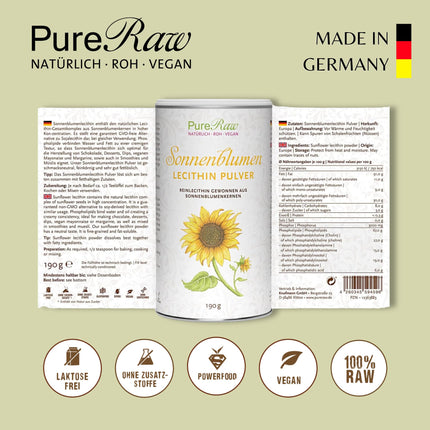 Sunflower Lecithin Powder for Cooking &amp; Baking - Sunflower Lecithin Powder, Vegan Phosphatidylcholine Emulsifier, Fine Granules - Sunflower Lecithin Powder | PureRaw 190g