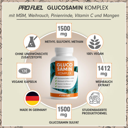 Glucosamine Complex High Dose, 120 Capsules, High-quality matrix with glucosamine, frankincense, MSM, pine bark, manganese and natural vitamin C from rosehip extract, optimally high dosage, one-month supply