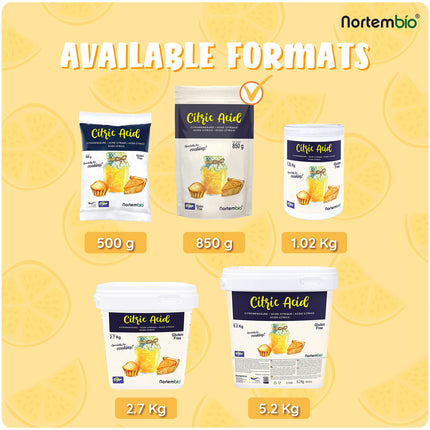 Nortembio Organic Citric Acid Powder 850 g. Food-grade, 100% pure. Acidifier and preservative for cooking and baking. E-book with recipes included.