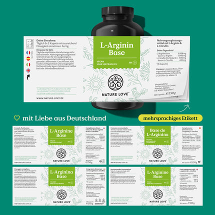 NATURE LOVE® L-Arginine Base with Citrulline - 365 Capsules - High-quality plant-based arginine in BASE form with 99.7+% purity - High-dose, vegan, produced in Germany