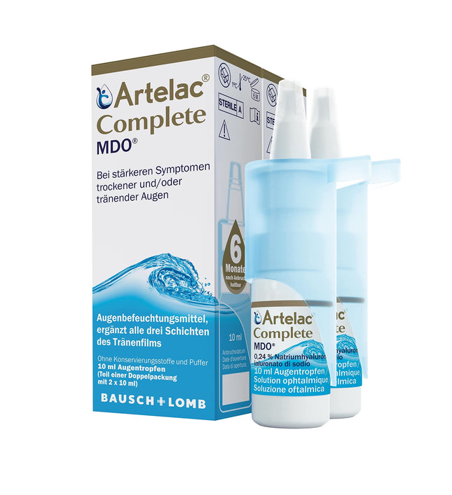 Artelac Complete MDO Eye Drops: Eye drop solution with a triple active principle (lipids, hyaluronic acid &amp; carbomer) for dry eyes, practical pump bottle, 2 x 10 ml