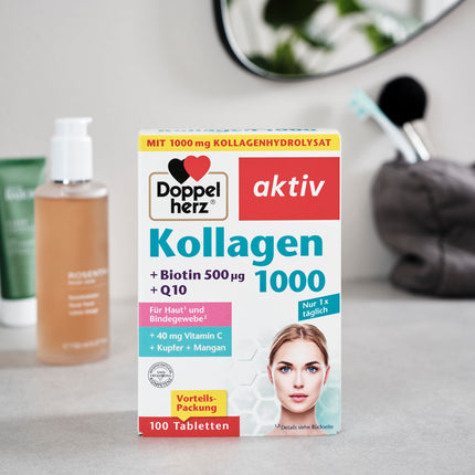 Doppelherz Collagen 1000 + Biotin + Q10 - Manganese and copper contribute to normal connective tissue formation - 100 tablets