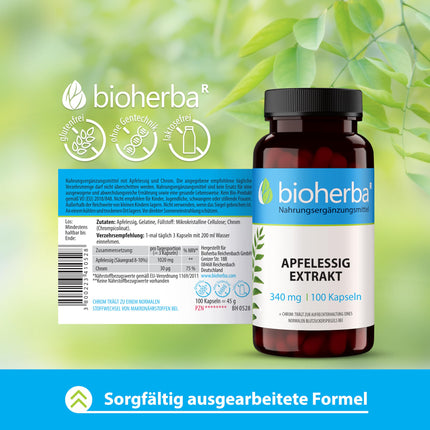 Apple cider vinegar capsules – 100 capsules 340 mg per capsule with chromium laboratory tested by BIOHERBA PZN 19642818
