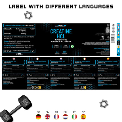 Creatine HCL - 365 Capsules - High Dose with 3000 mg - Pure Creatine Hydrochloride - High Absorption - High Bioavailability - Vegan